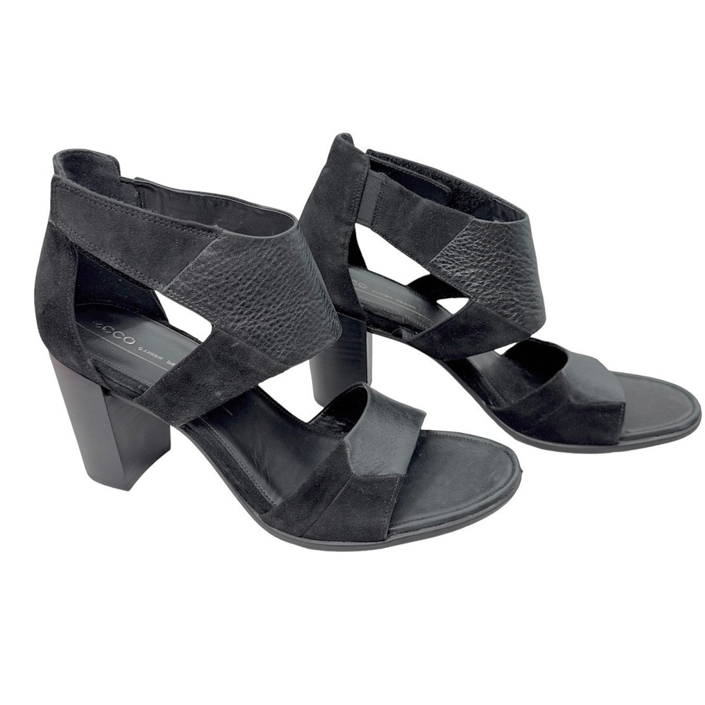 Ecco Block Heel Sandals Size 41 Black Leather Suede Modern Size 10 EU 41